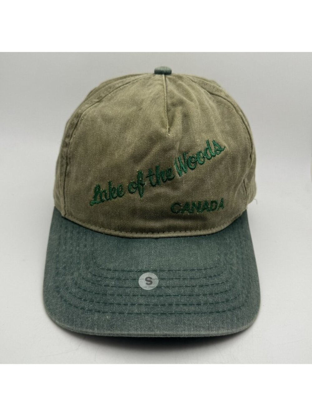 A.J.M. Lake of the Woods Canada Snapback Hat Cap Embroidered Olive Green Teal